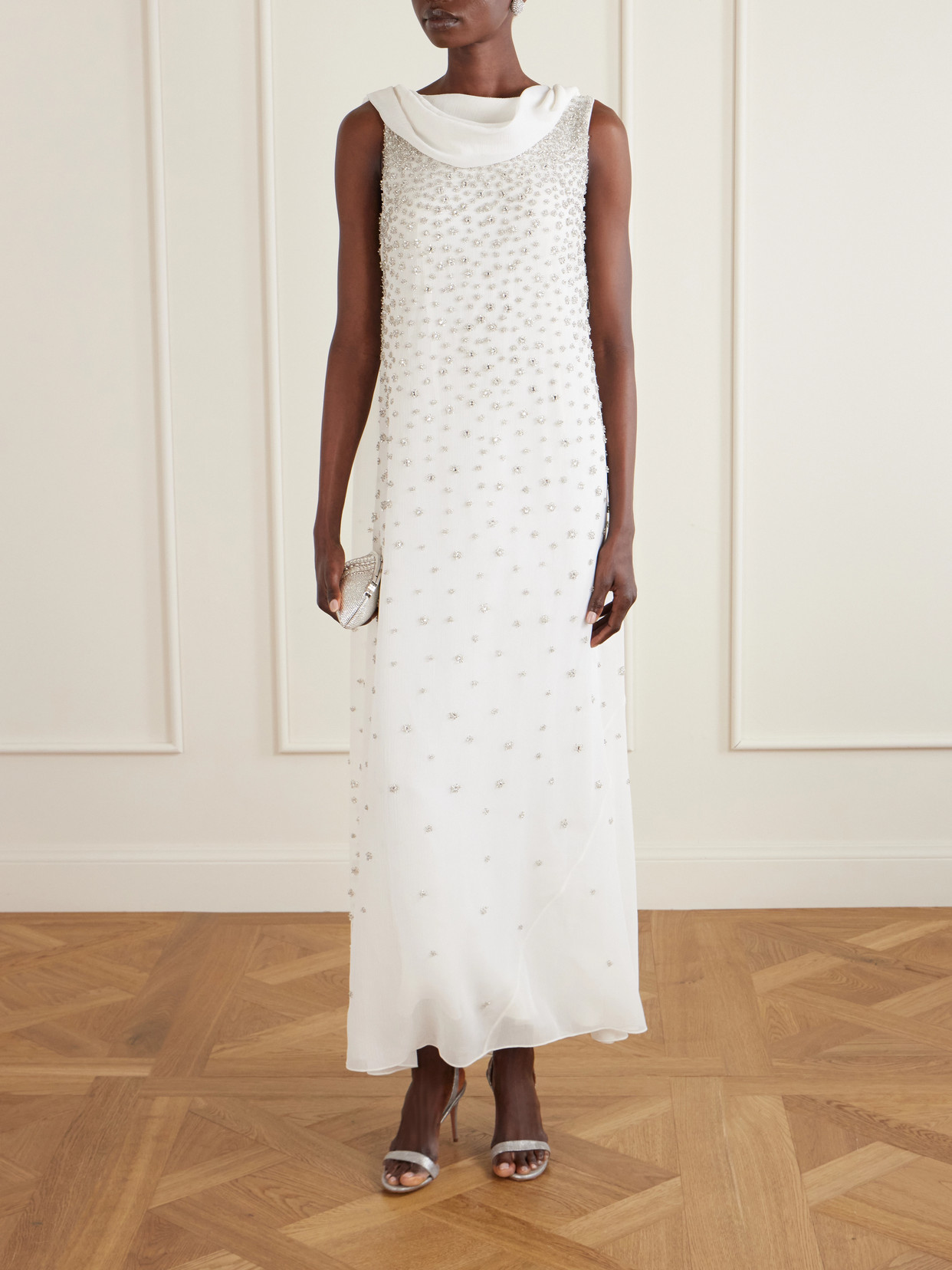 Kaia Scarf-detailed Crystal-embellished Crinkled-chiffon Gown - White