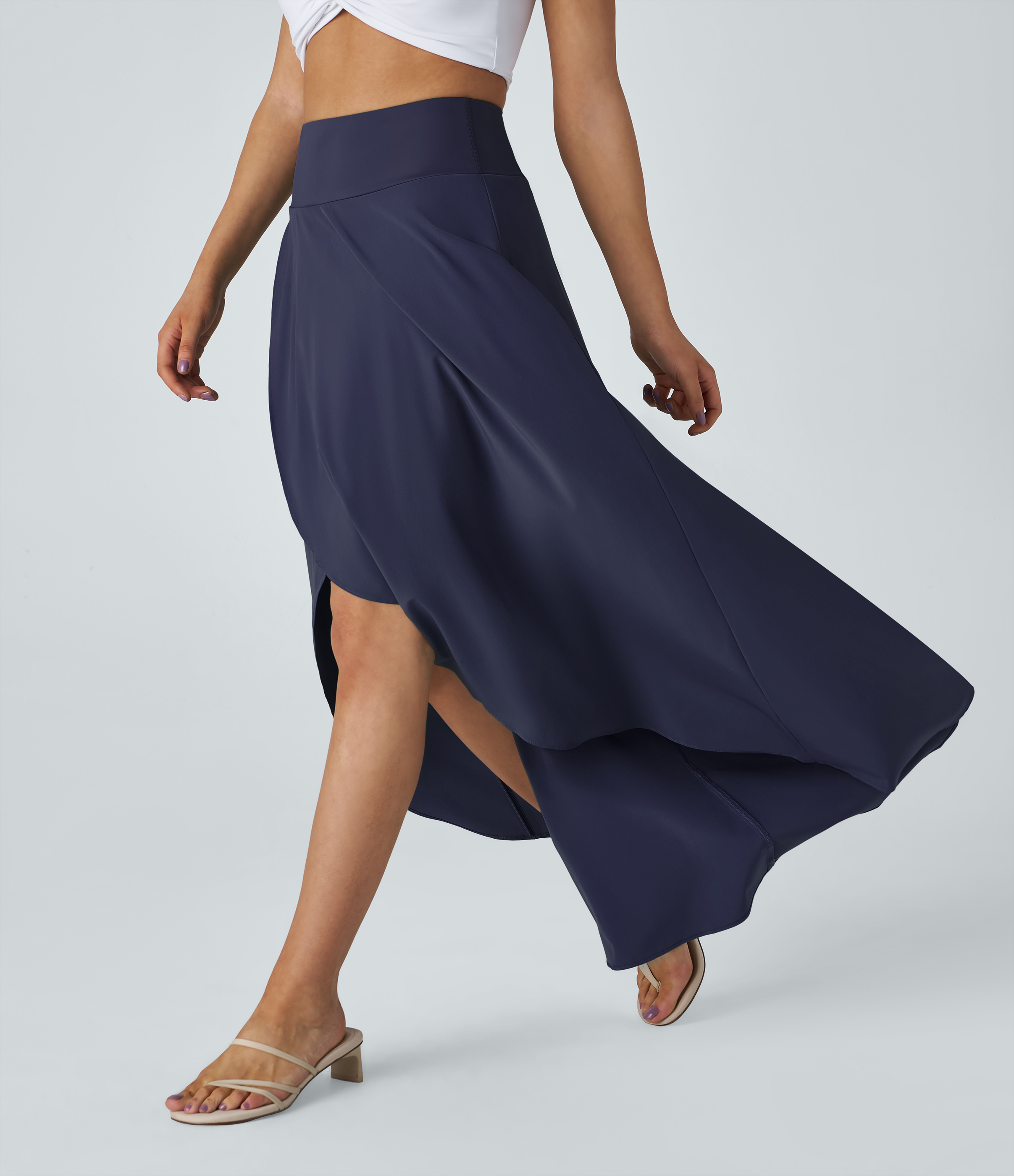 Breezeful™ High Waisted High Low Ruffle 2-in-1 Flowy Quick Dry Casual Regular Maxi Skirt  - Patriot Blue