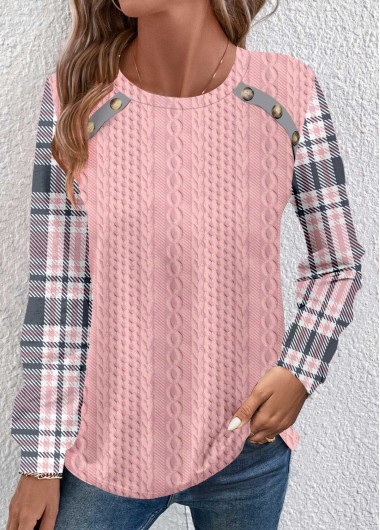 Modlily Pink Patchwork Plaid Long Sleeve Round Neck Sweatshirt