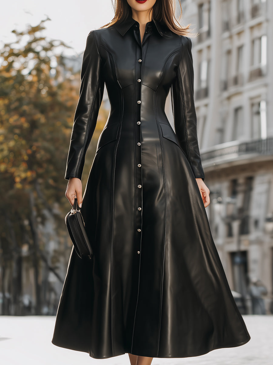 Edgy Black Faux Leather Midi Shirt Dress - Black