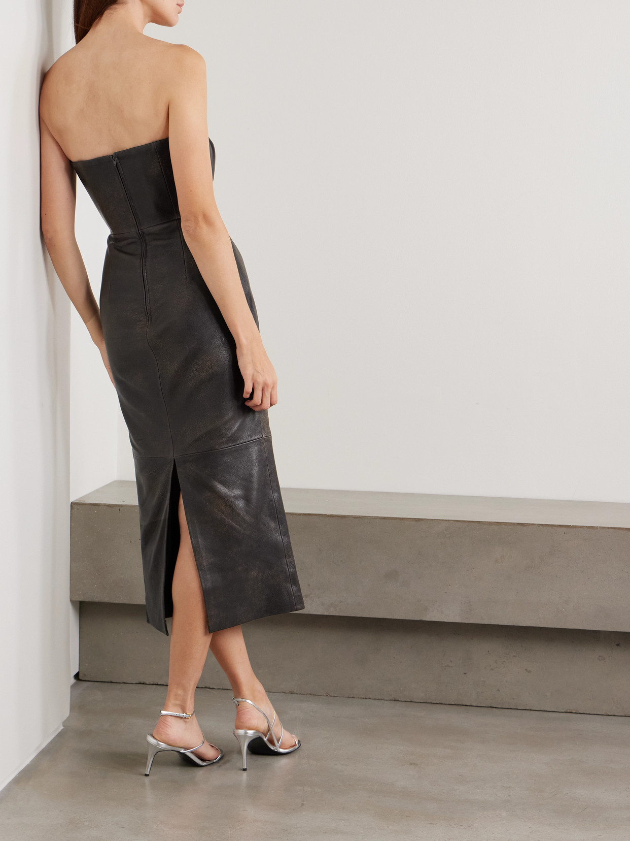 Strapless Leather Midi Dress - Brown