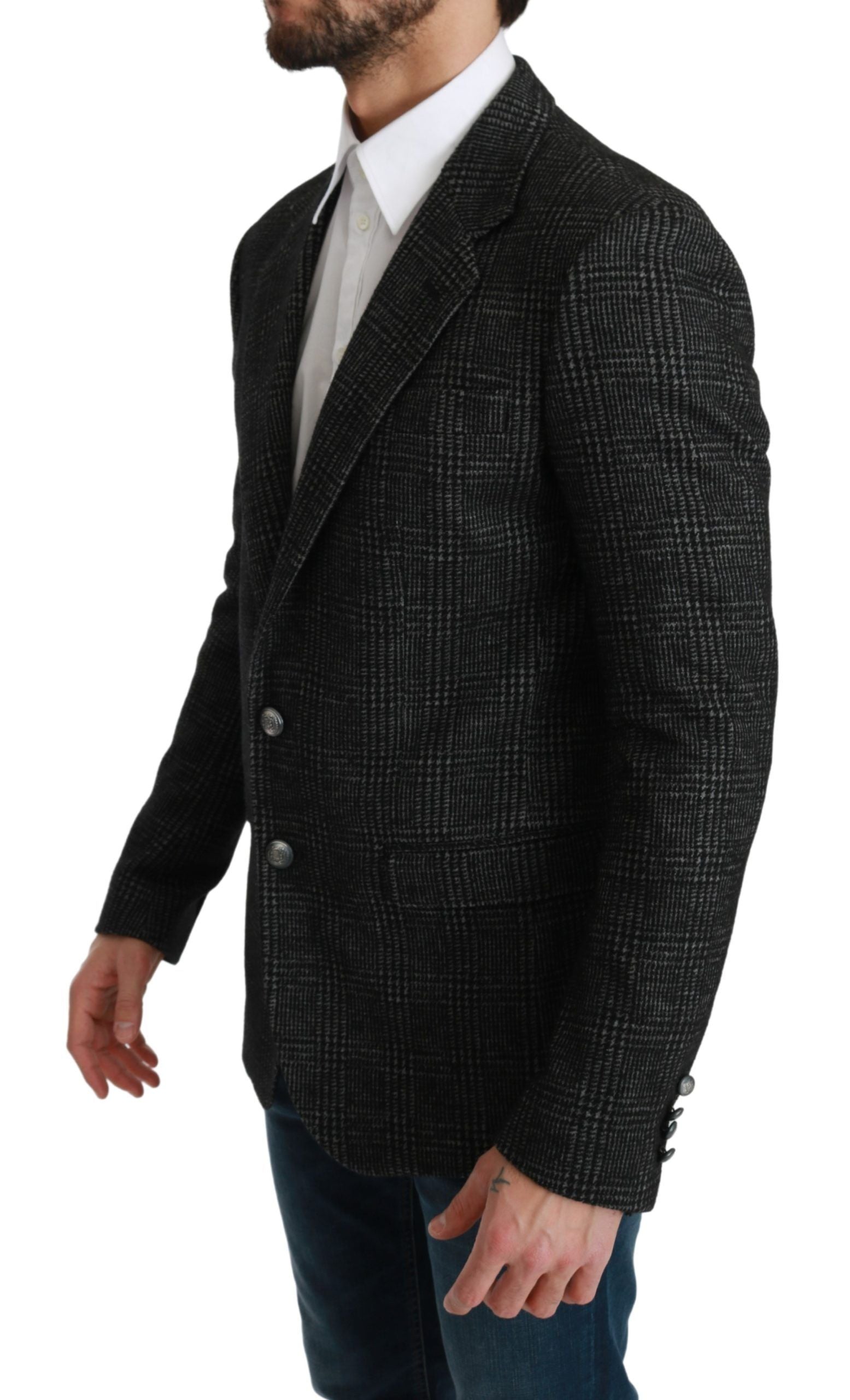 Plaid Wool-Silk-Cashmere Blazer — Gray