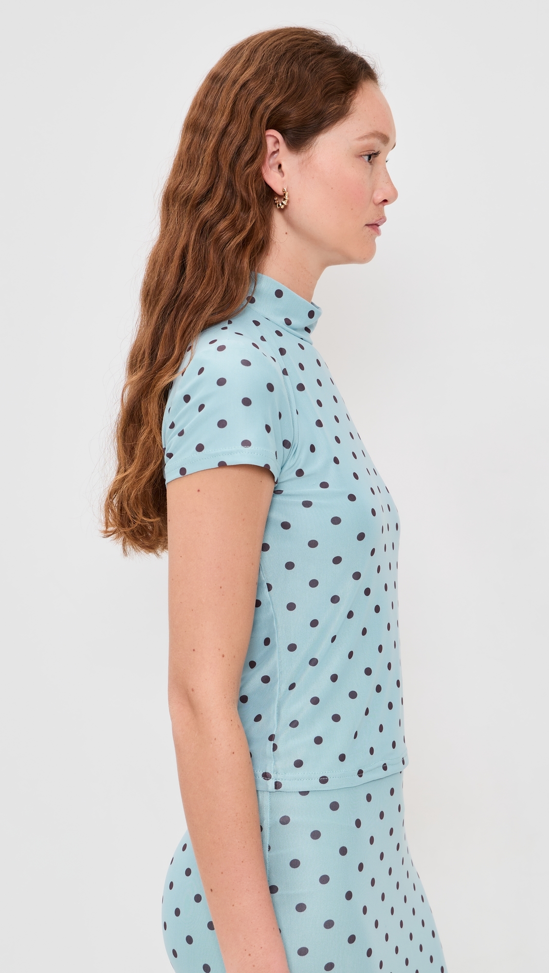 Polka Dot Mesh High Neck Top Blue/Brown