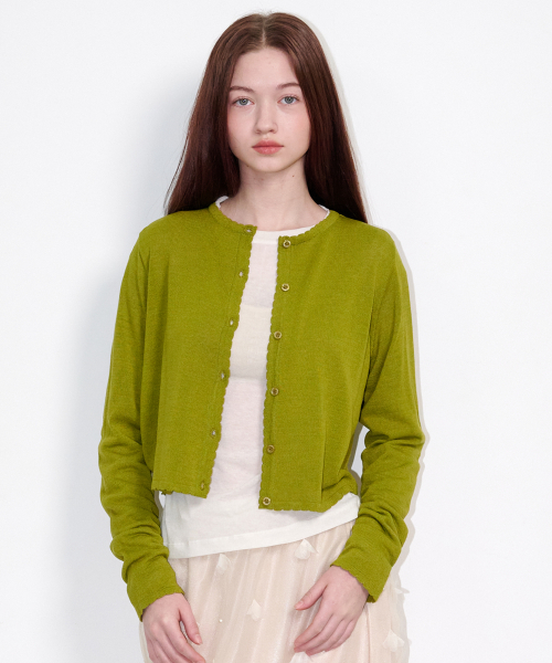 Sheer Scallop Linen Cardigan Olive