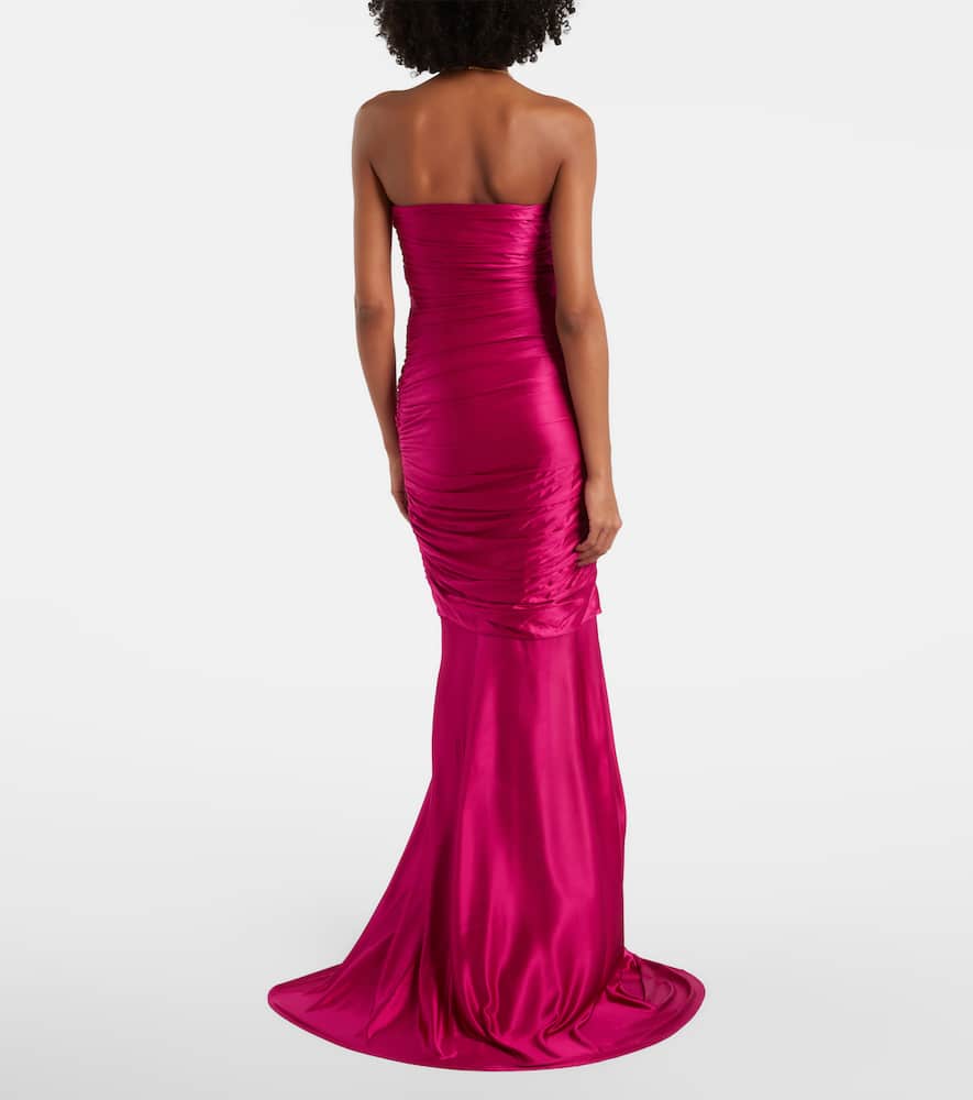 Draped ruffled satin bustier gown