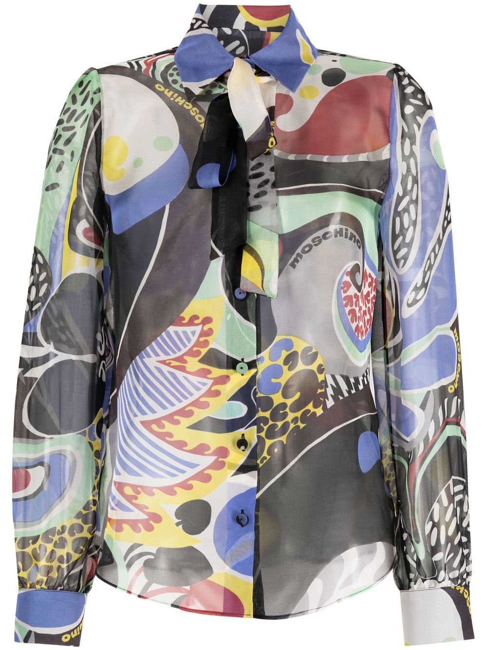 Abstract-pattern pussybow blouse - Black