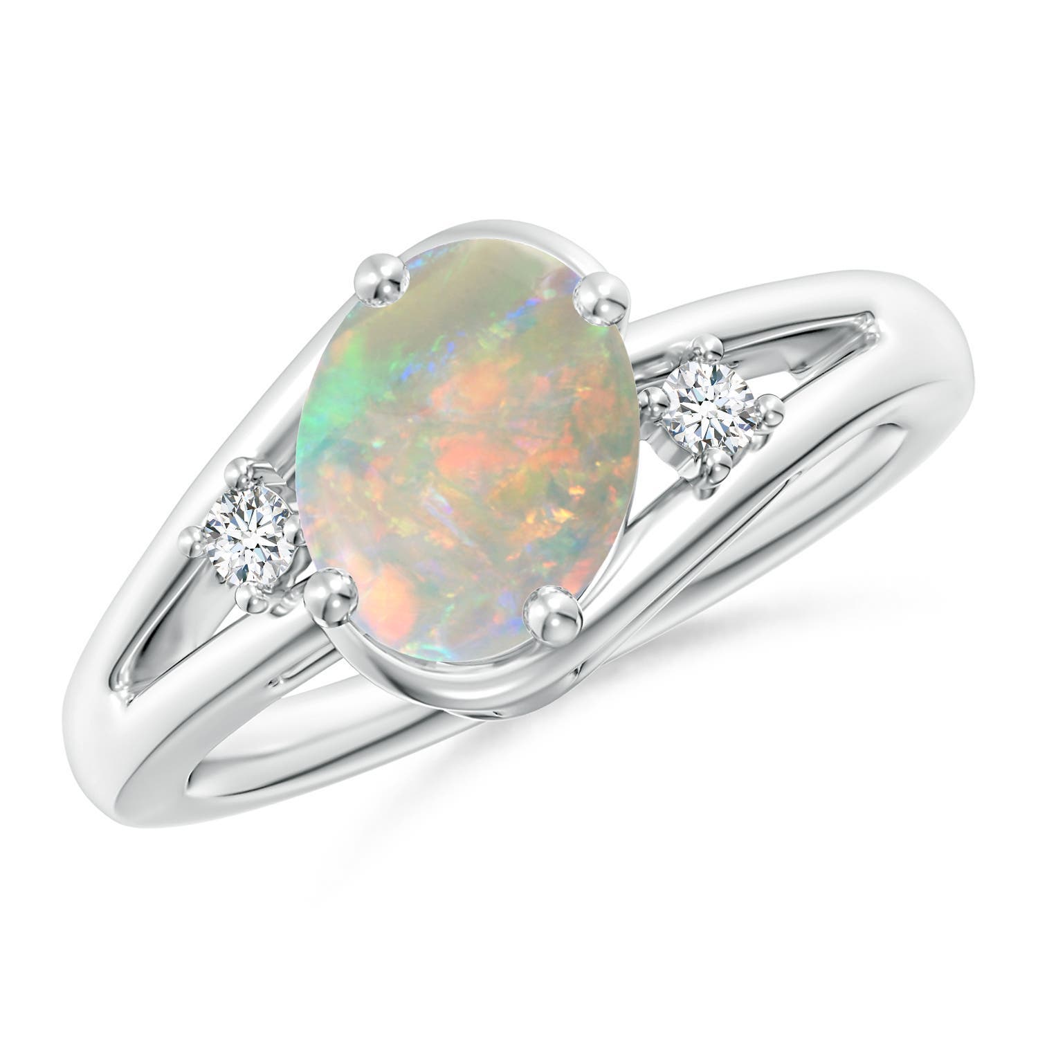 Angara 1.1 Carats Prong-Set Opal and Diamond Split Shank Ring in Platinum