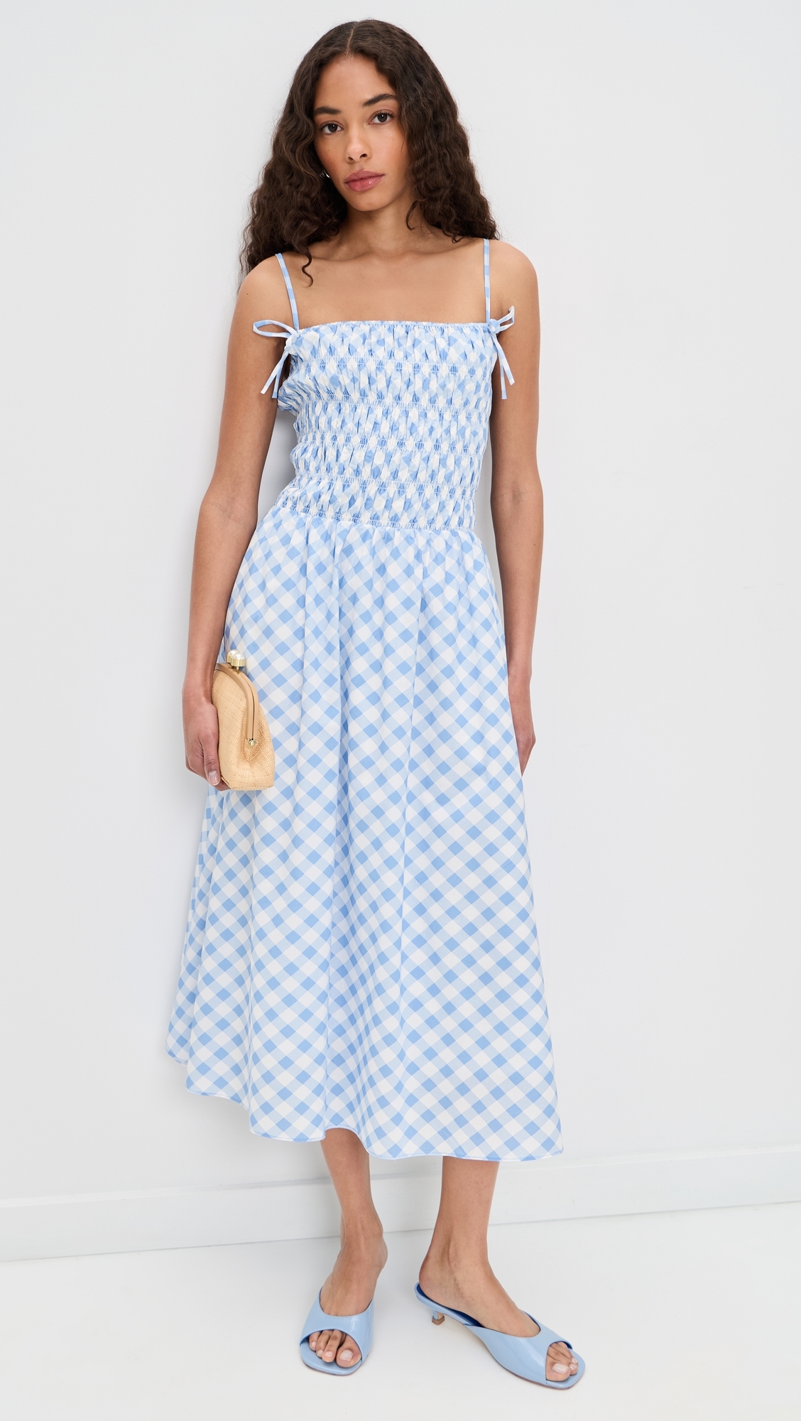 Checked Smocked Midi Dress Powder Blue