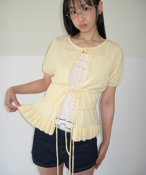 RUFFLE TEM TIE KNIT CARDIGAN SOFT YELLOW
