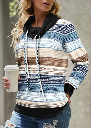 Modlily Plus Blue Drawstring Geometric Print Long Sleeve Sweatshirt - 3X