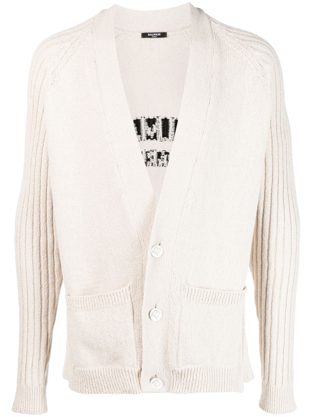 Intarsia-logo button-up cardigan - Neutrals