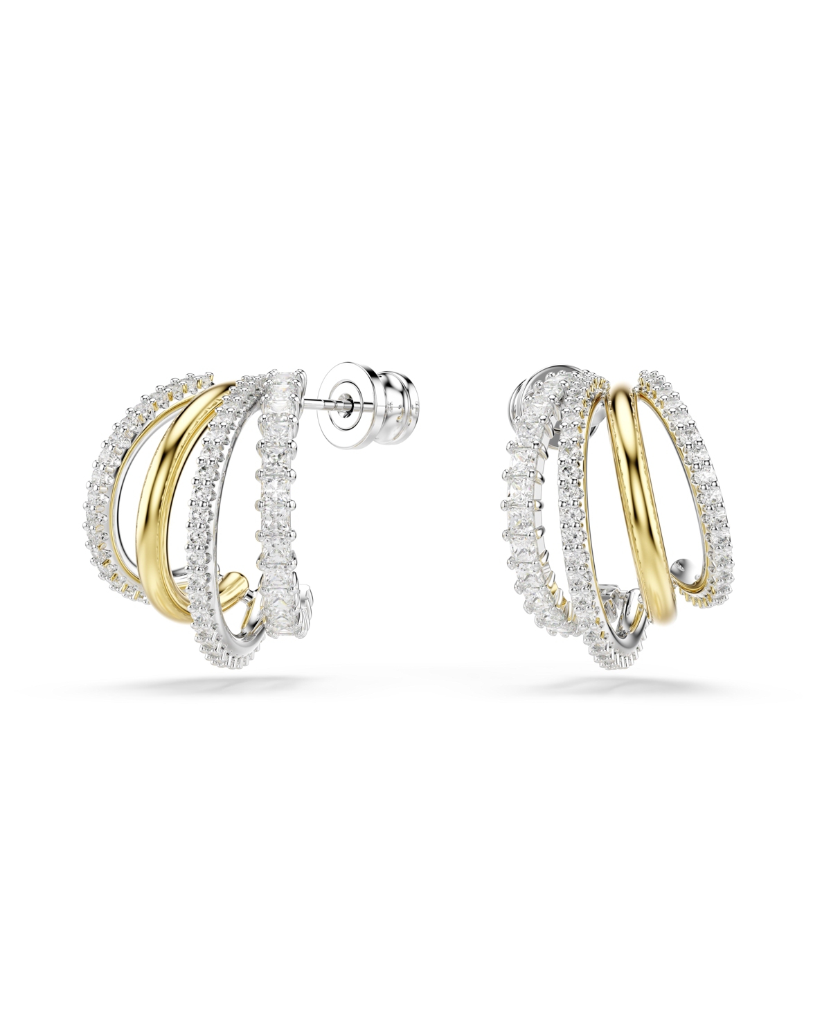 Mixed Cuts, Mini, White, Mixed Metal Finish Hyperbola Hoop Earrings - Gold/Silver