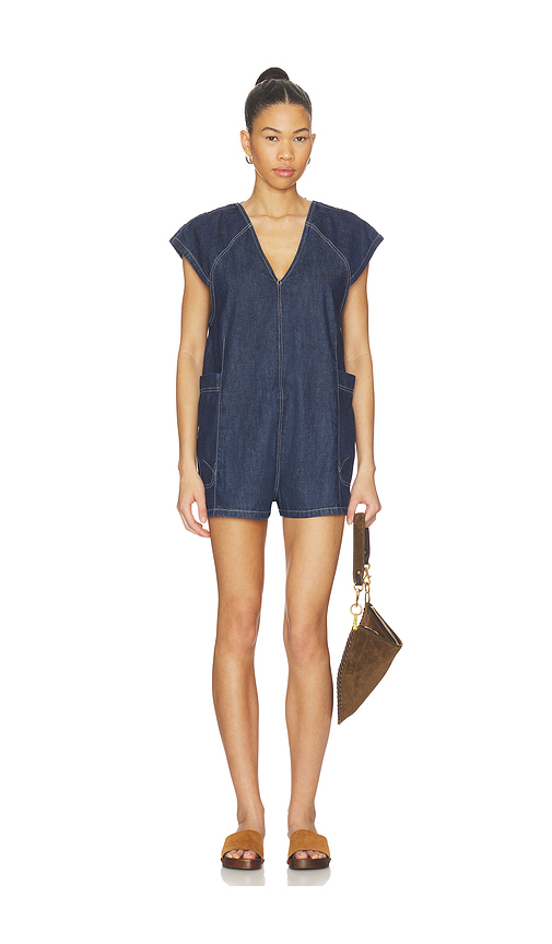 Free People x We The Free Free Fall Denim Romper in Navy. L. Also in XS, S