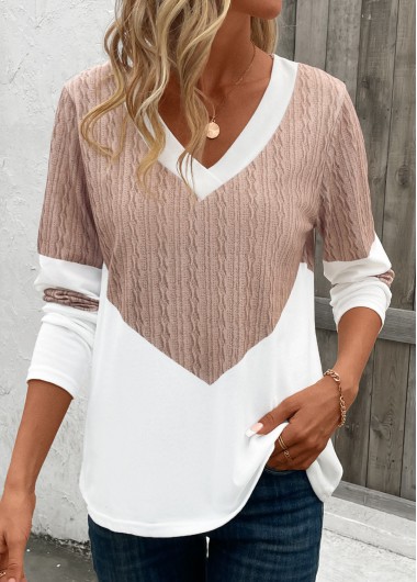 Modlily Light Camel Patchwork Geometric Print Long Sleeve T Shirt