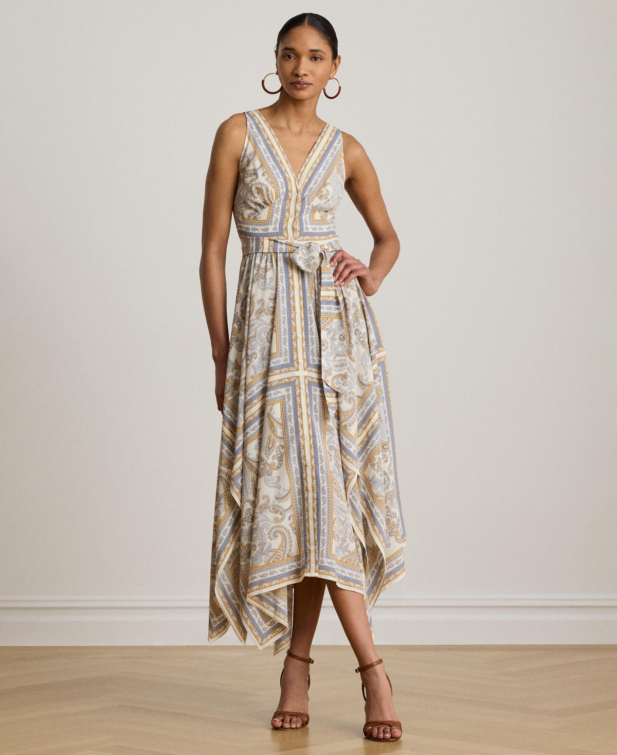 Women's Sleeveless Handkerchief Hem Midi Dress - Cream Multi