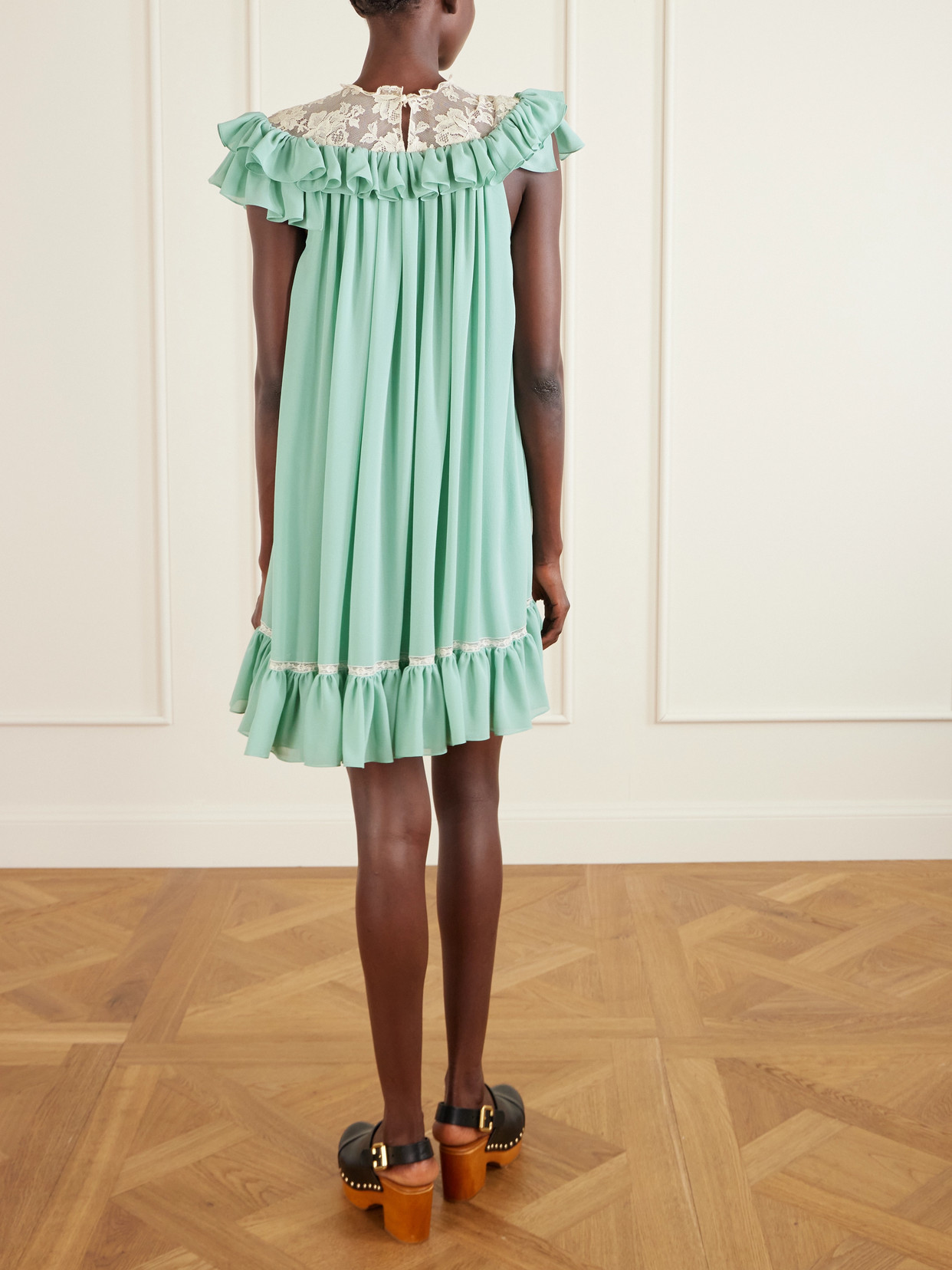 Ruffled Lace-trimmed Silk Georgette Mini Dress - Green