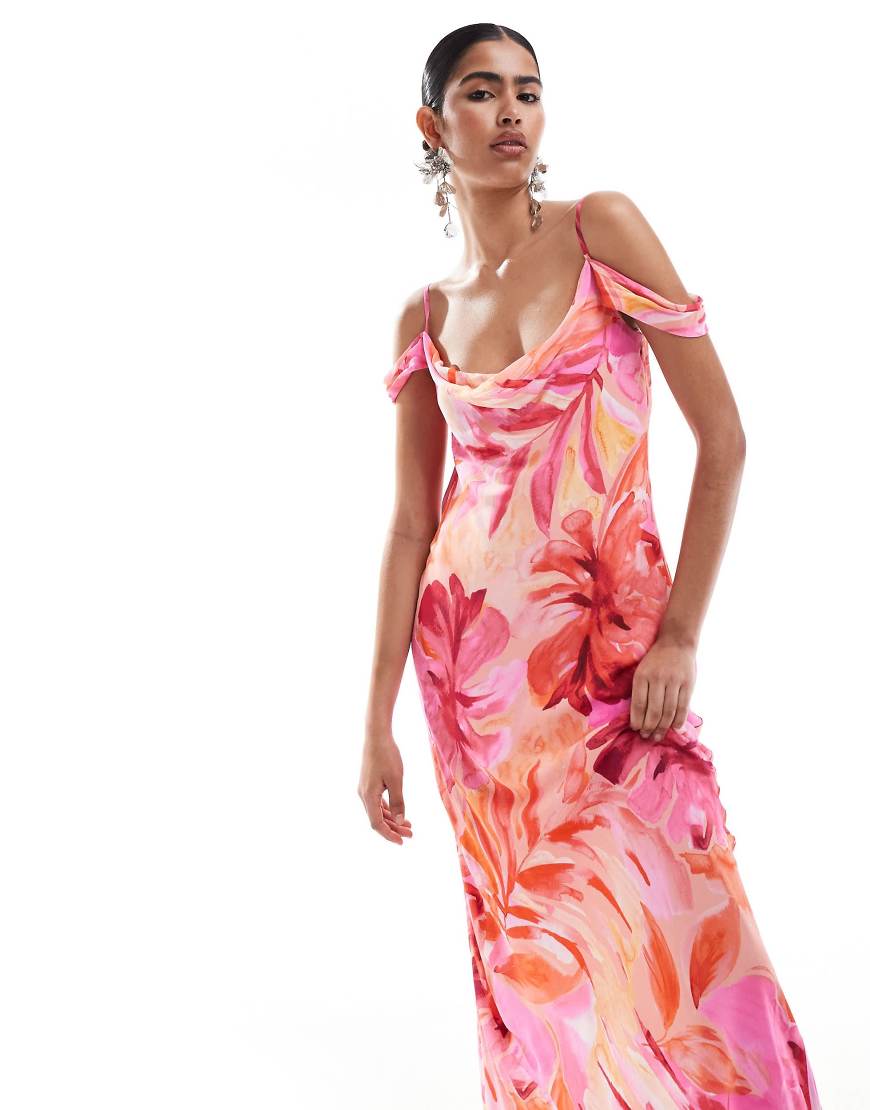 Ever New drape off shoulder satin maxi dress in pink floral