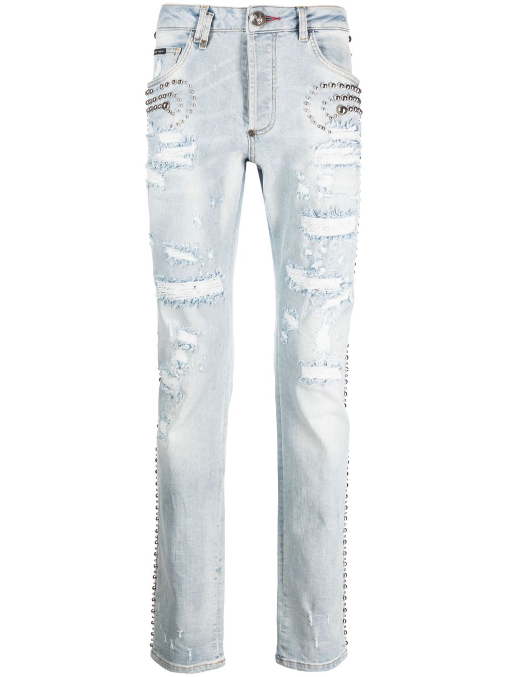 Stud-embellished distressed jeans - Blue