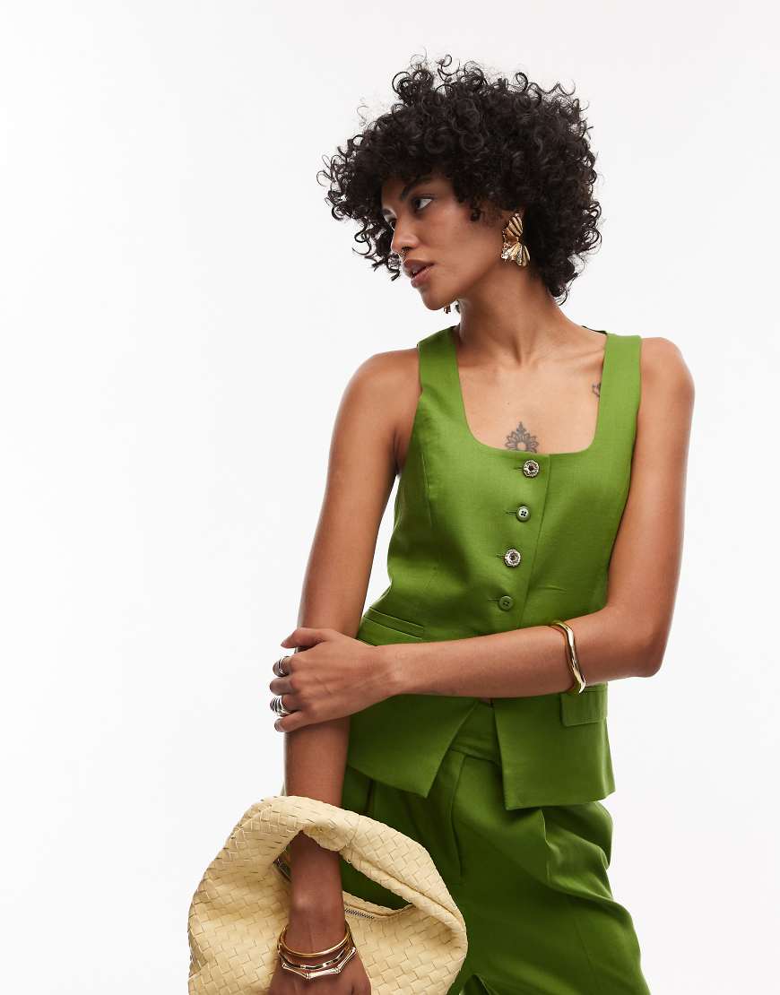 Topshop premium wedding guest occasion scoop neck longline vest in green - part of a set
