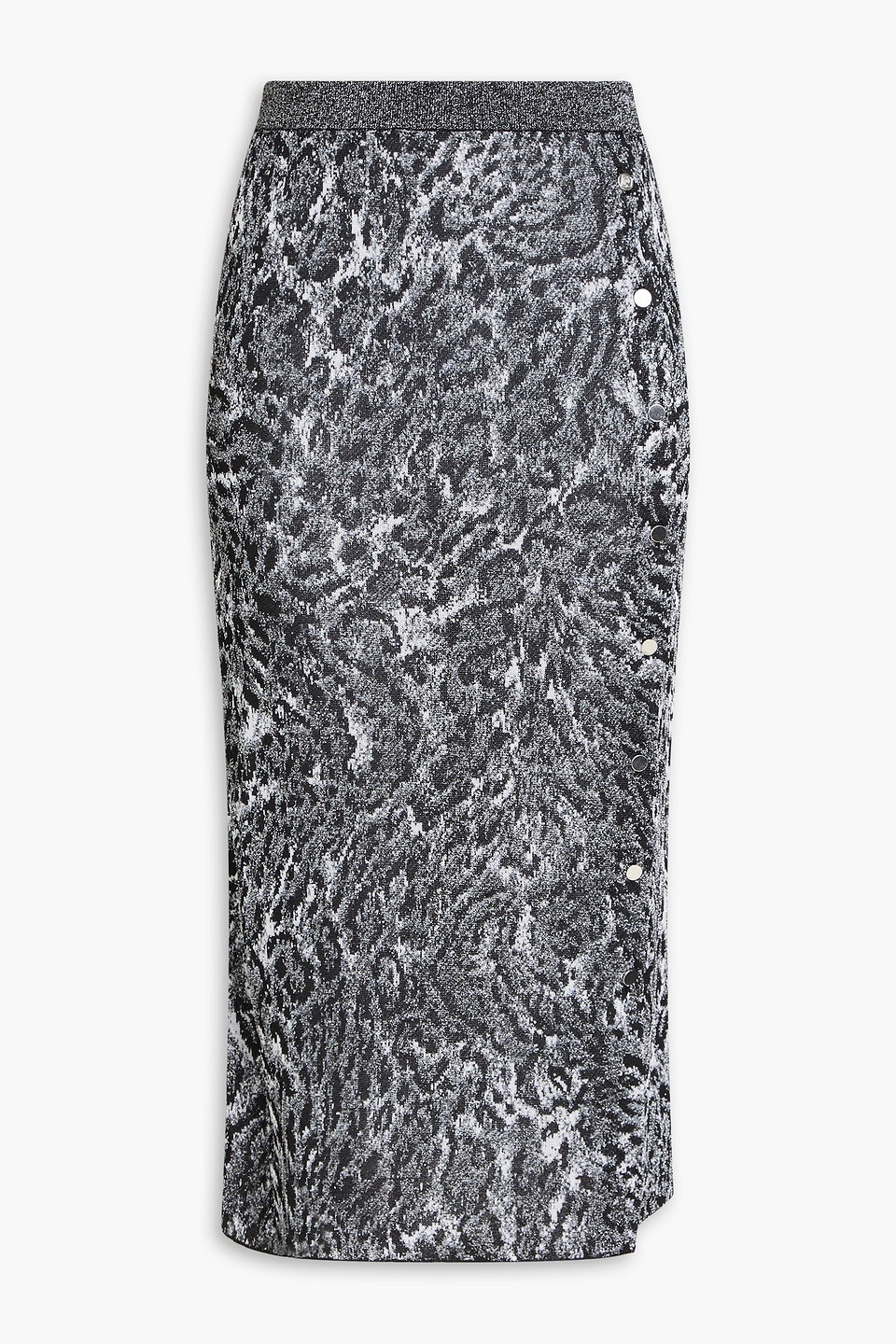 Button-detailed metallic jacquard-knit skirt
