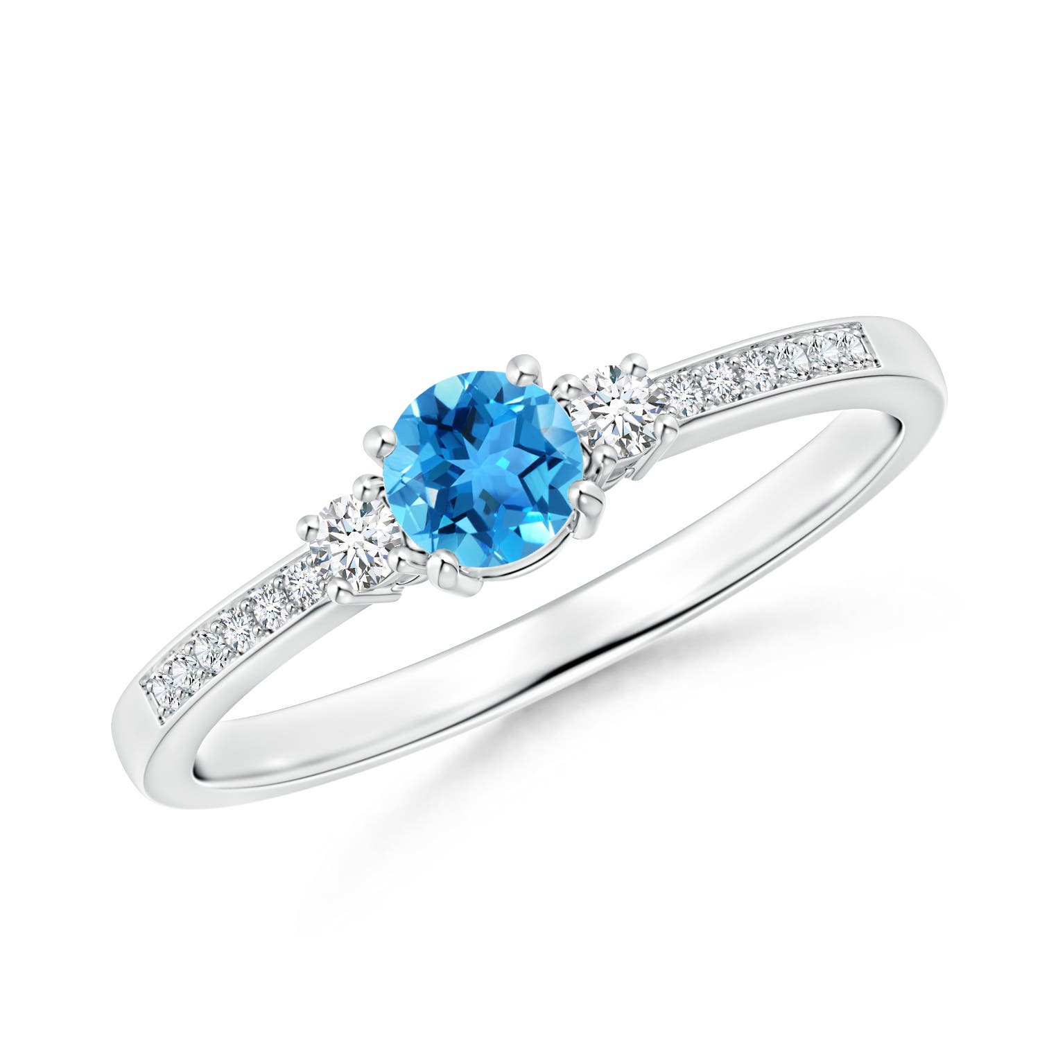 Angara 0.32 Carat Classic Three Stone Round Swiss Blue Topaz and Diamond Engagement Ring in Platinum