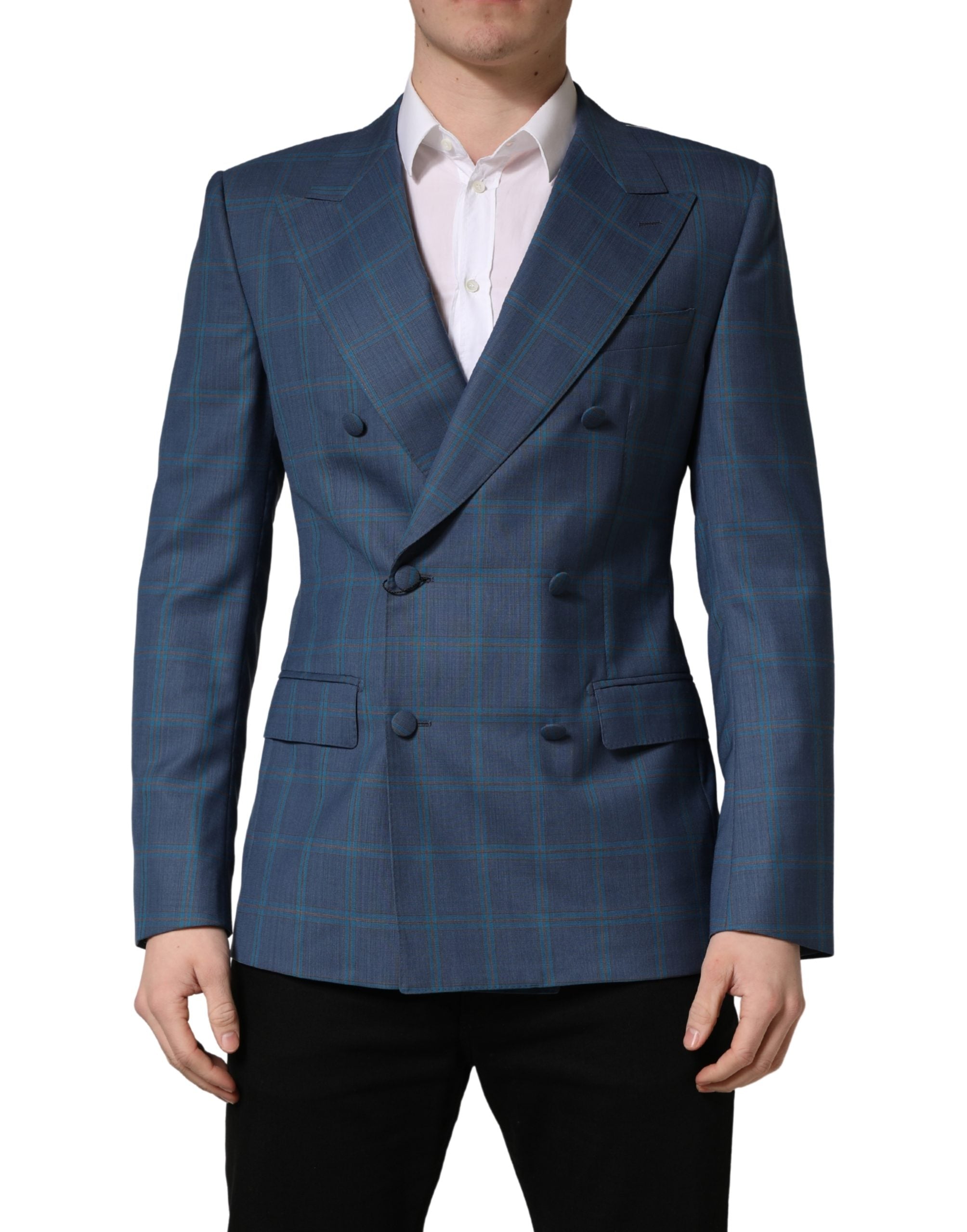 Virgin Wool Checked Blazer — Blue