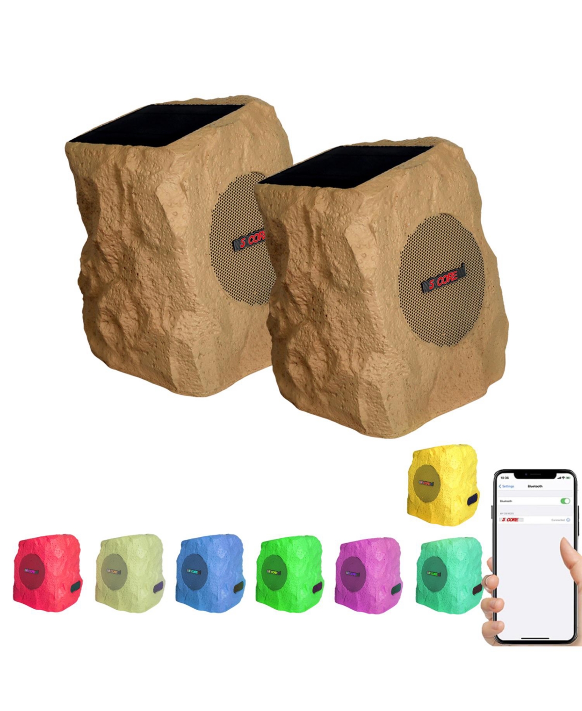 Rock Speaker Outdoor Waterproof Bluetooth Garden Speakers Solar & Usb Charging Rgb Colors for Patio Pool & Home - Light/pastel brown