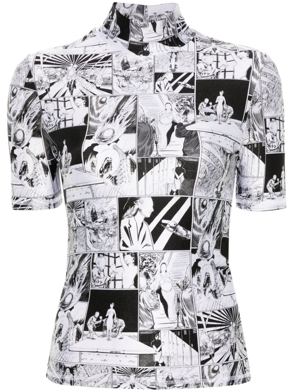 Funnel-neck cartoon-print T-shirt - Black
