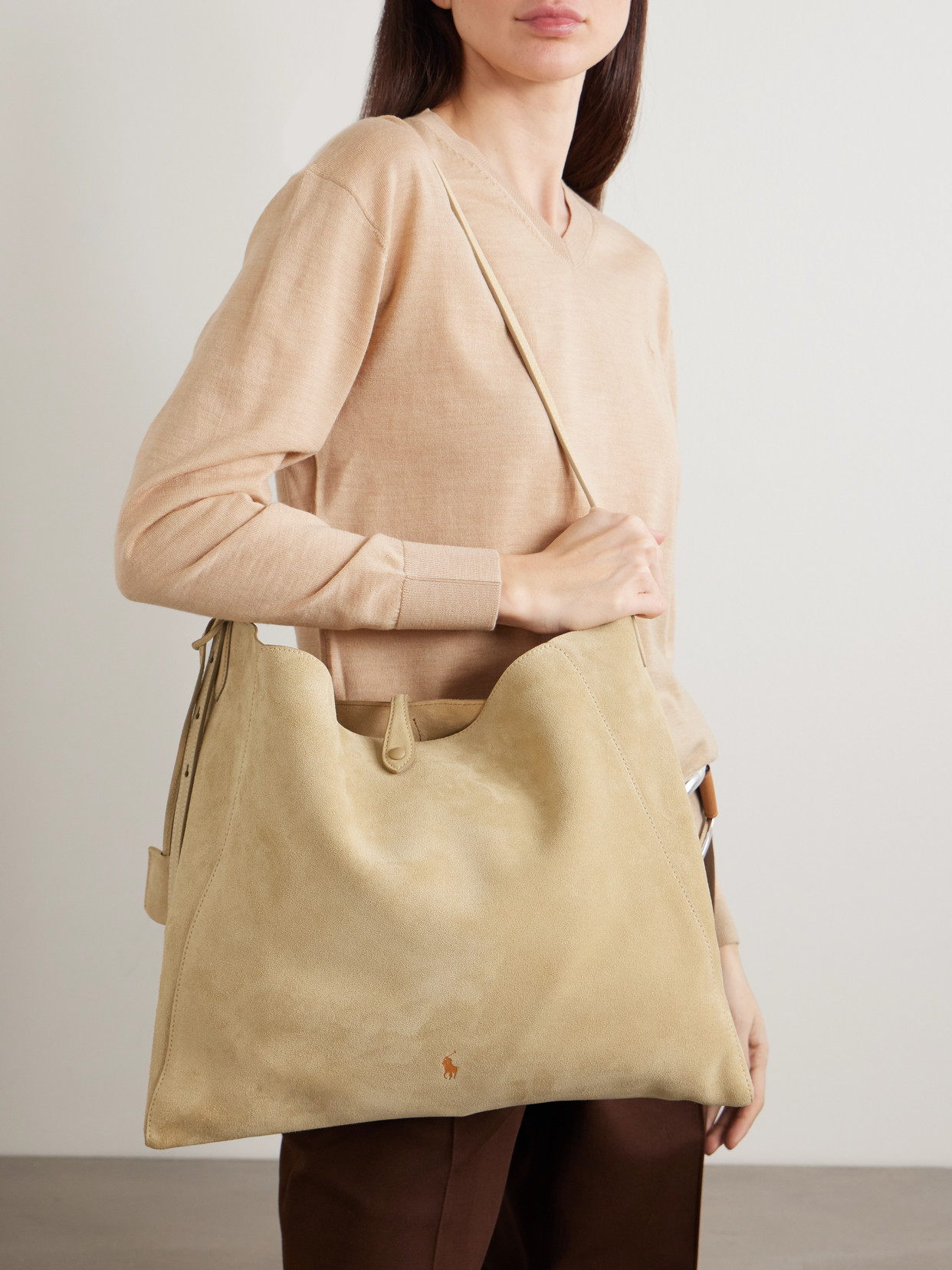 Debossed Suede Shoulder Bag - Beige