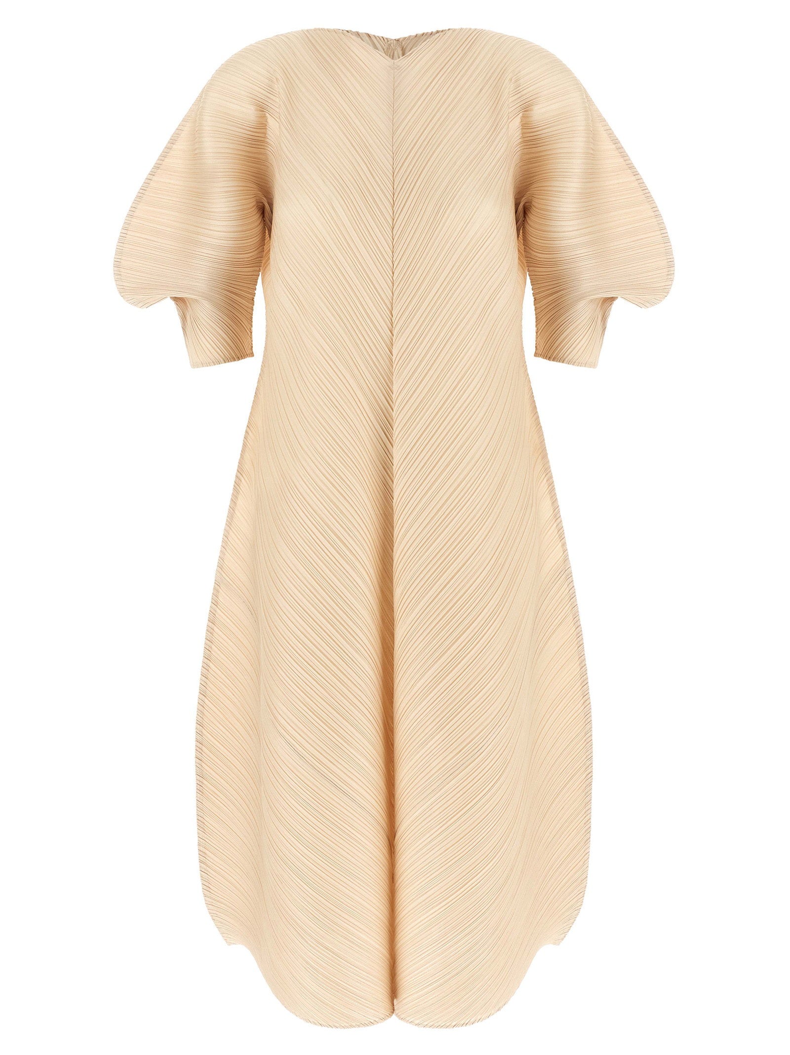 Pleated Sculptural-Sleeve Dress — Cream