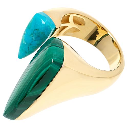 Rarities Malachite and Composite Turquoise Gold-Plated Open Space Ring - Gold