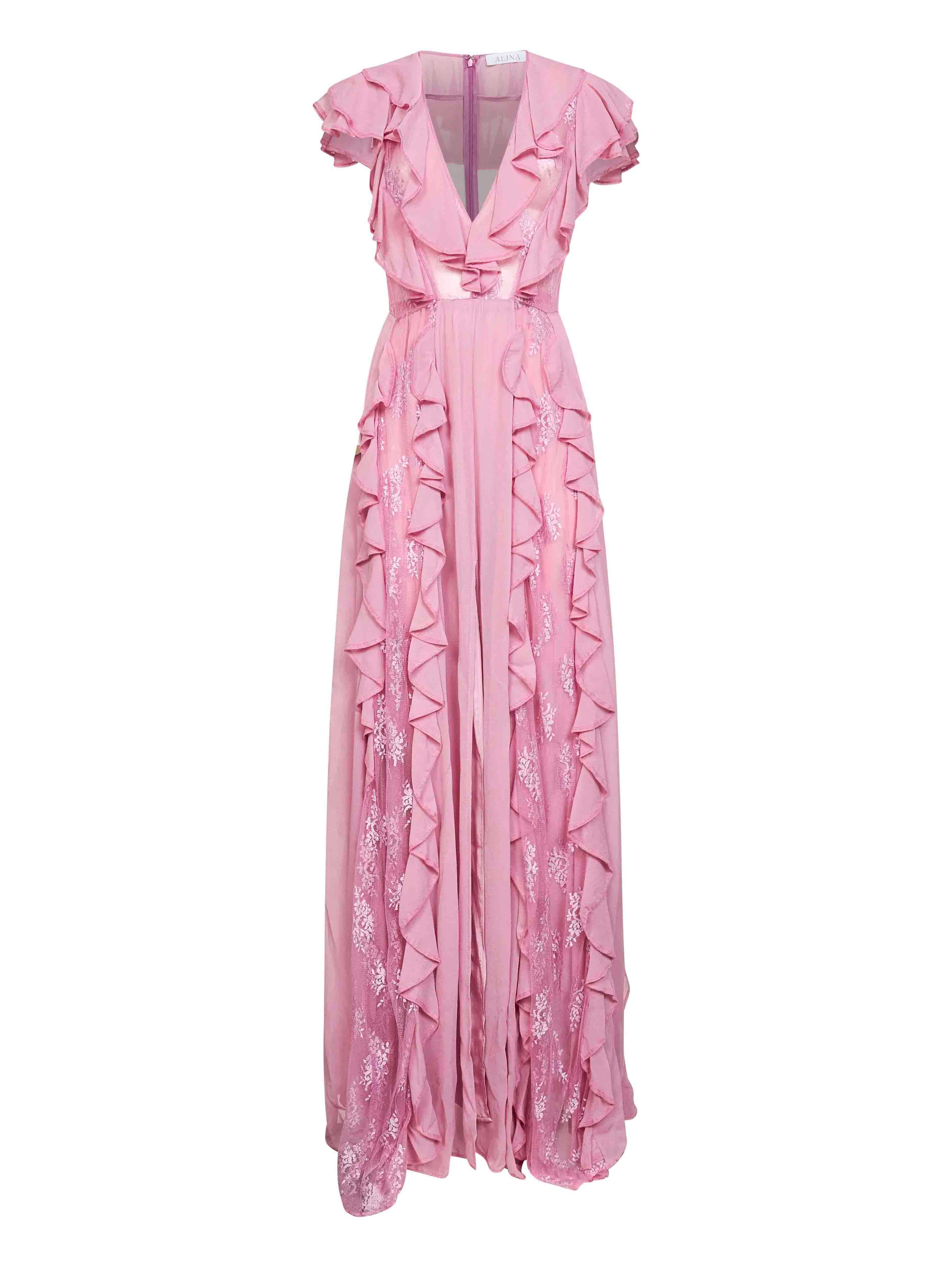 Floral Lace Ruffled Viscose Dress — Pink