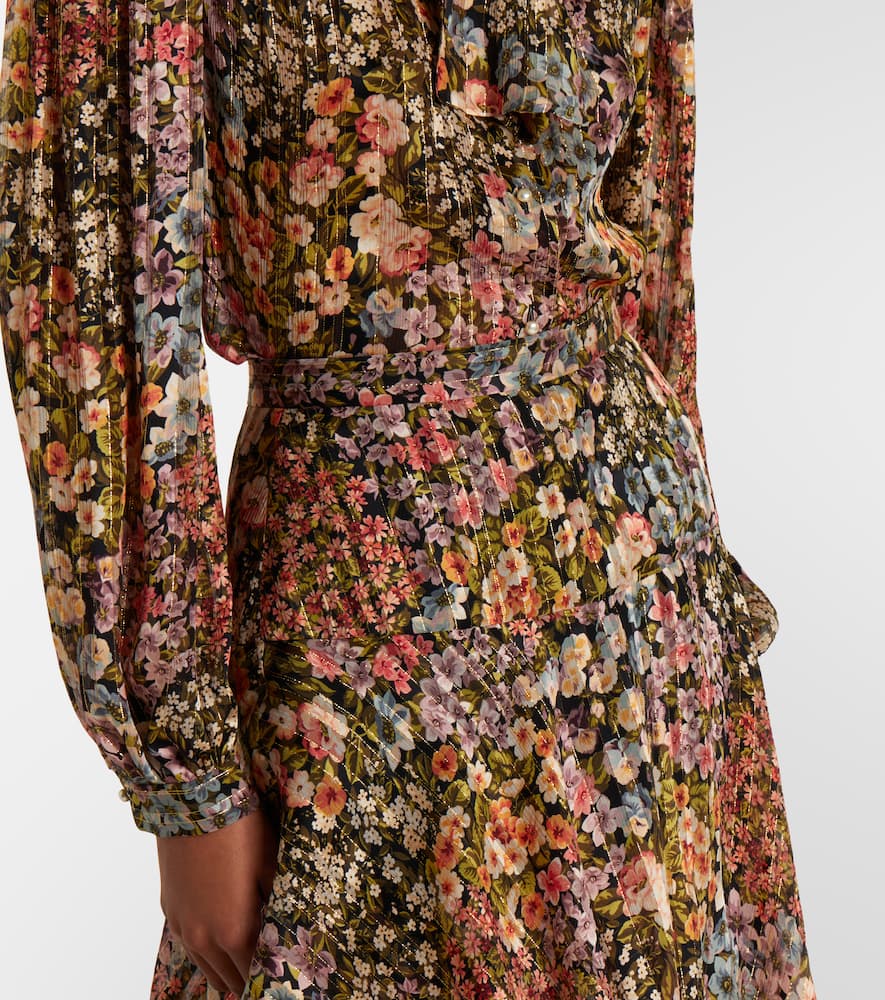 Floral plissé tiered silk maxi skirt