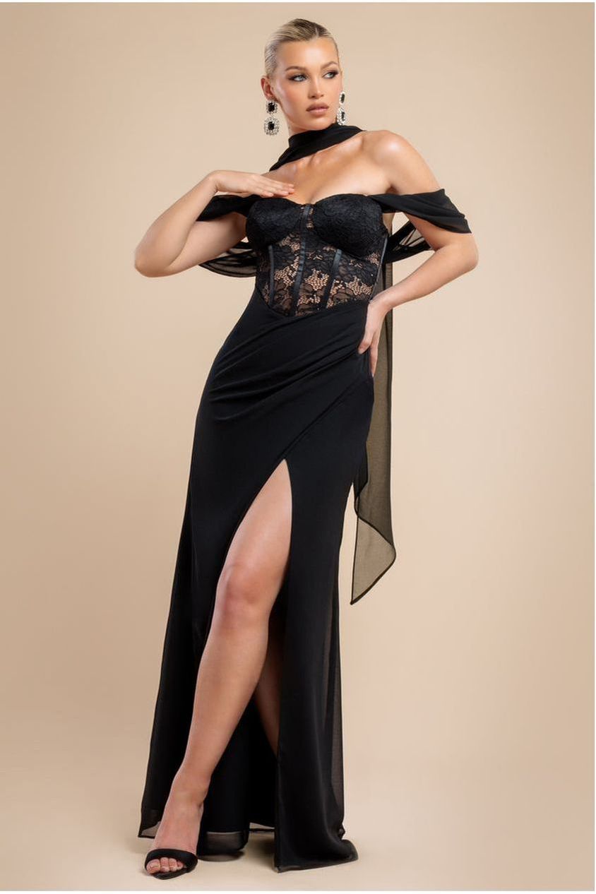 Goddiva Scalloped Lace & Chiffon Winged Corset Bodice Maxi Dress - Black