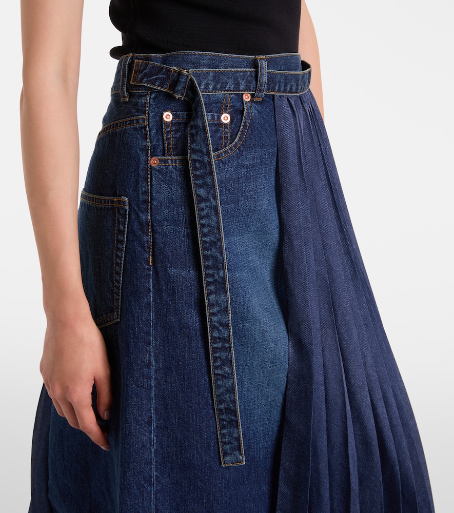 Pleated denim midi skirt