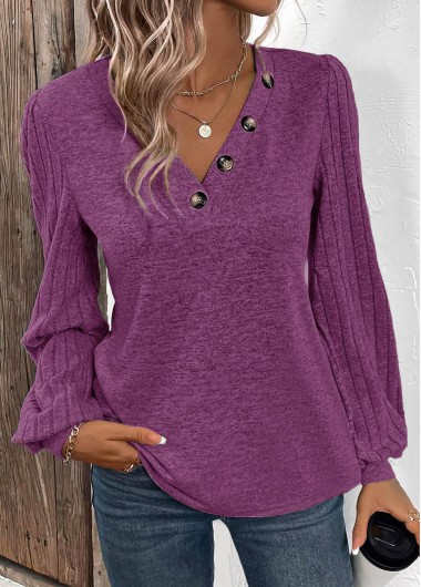 Modlily Purple Button Long Sleeve V Neck T Shirt