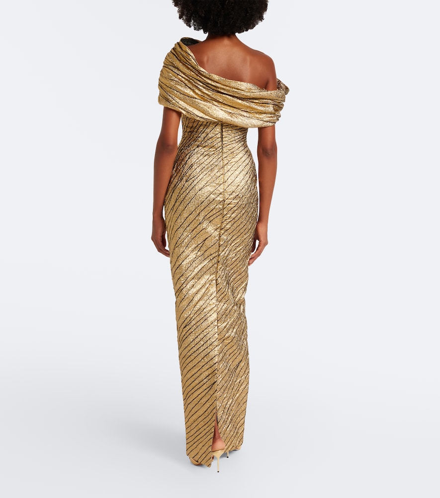 Striped asymmetric brocade bustier gown