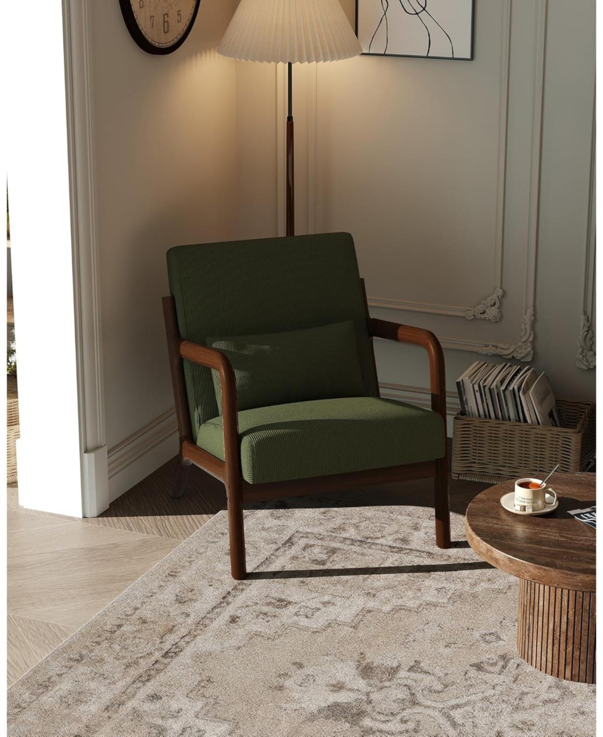 Mid-Century Modern Accent Chair,Fine Wale Corduroy Upholstery,Solid Wood Armchair with Removable Lumbar Pillow,Sturdy Reading Chair. - Green