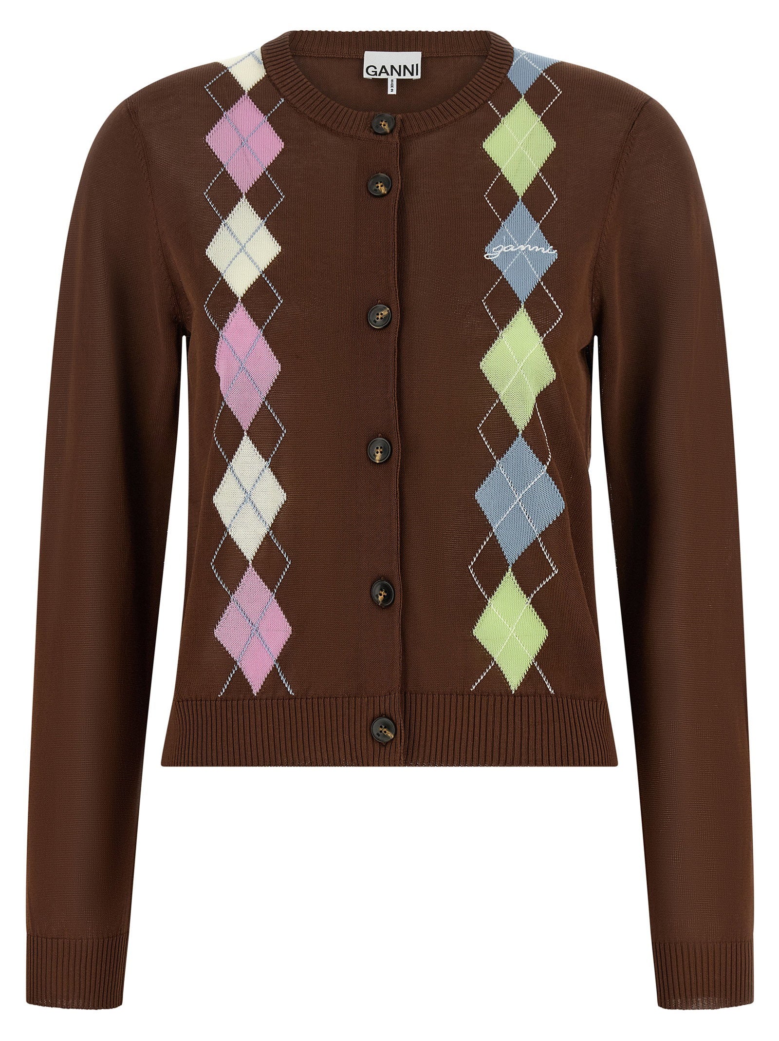 Argyle Intarsia Cardigan — Brown