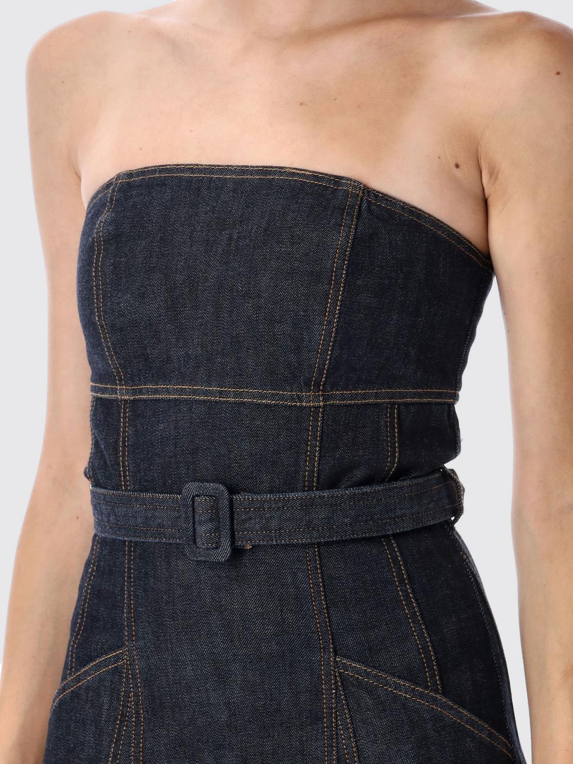 Strapless belted denim midi dress - Blue