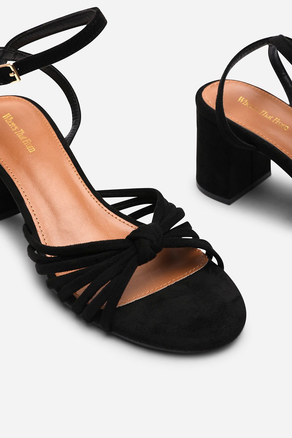Where's That From Blossy Knotted Block Heel Sandal With Ankle Strap Suede In Black