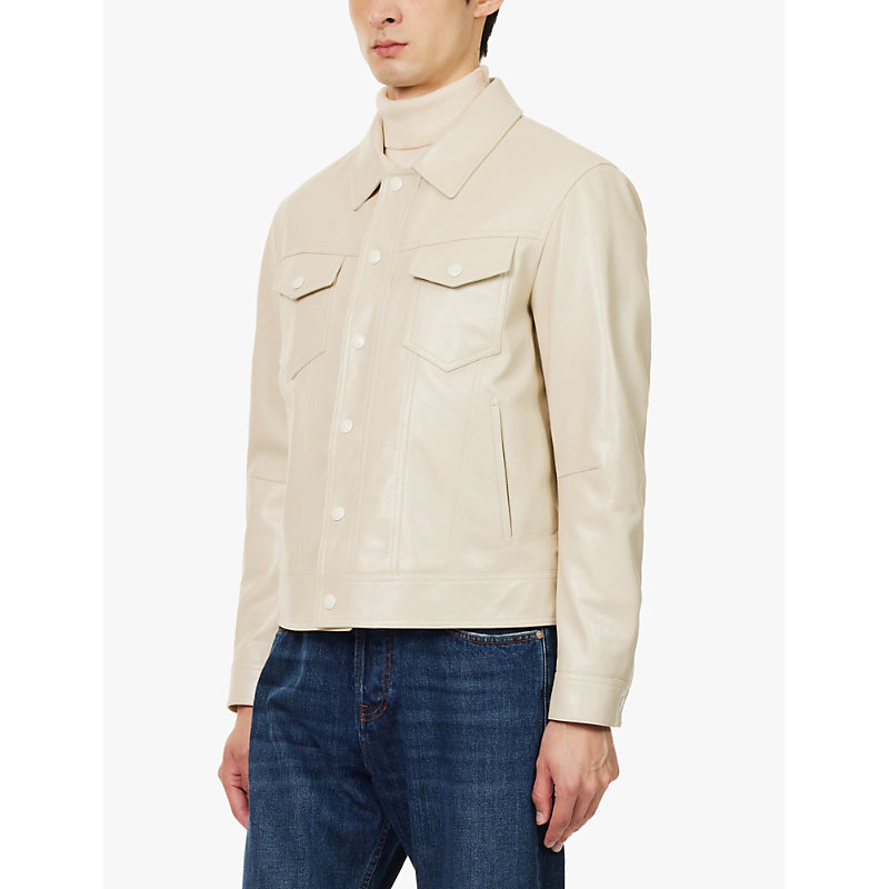 Mens Off White Spread-collar Regular-fit Leather Jacket