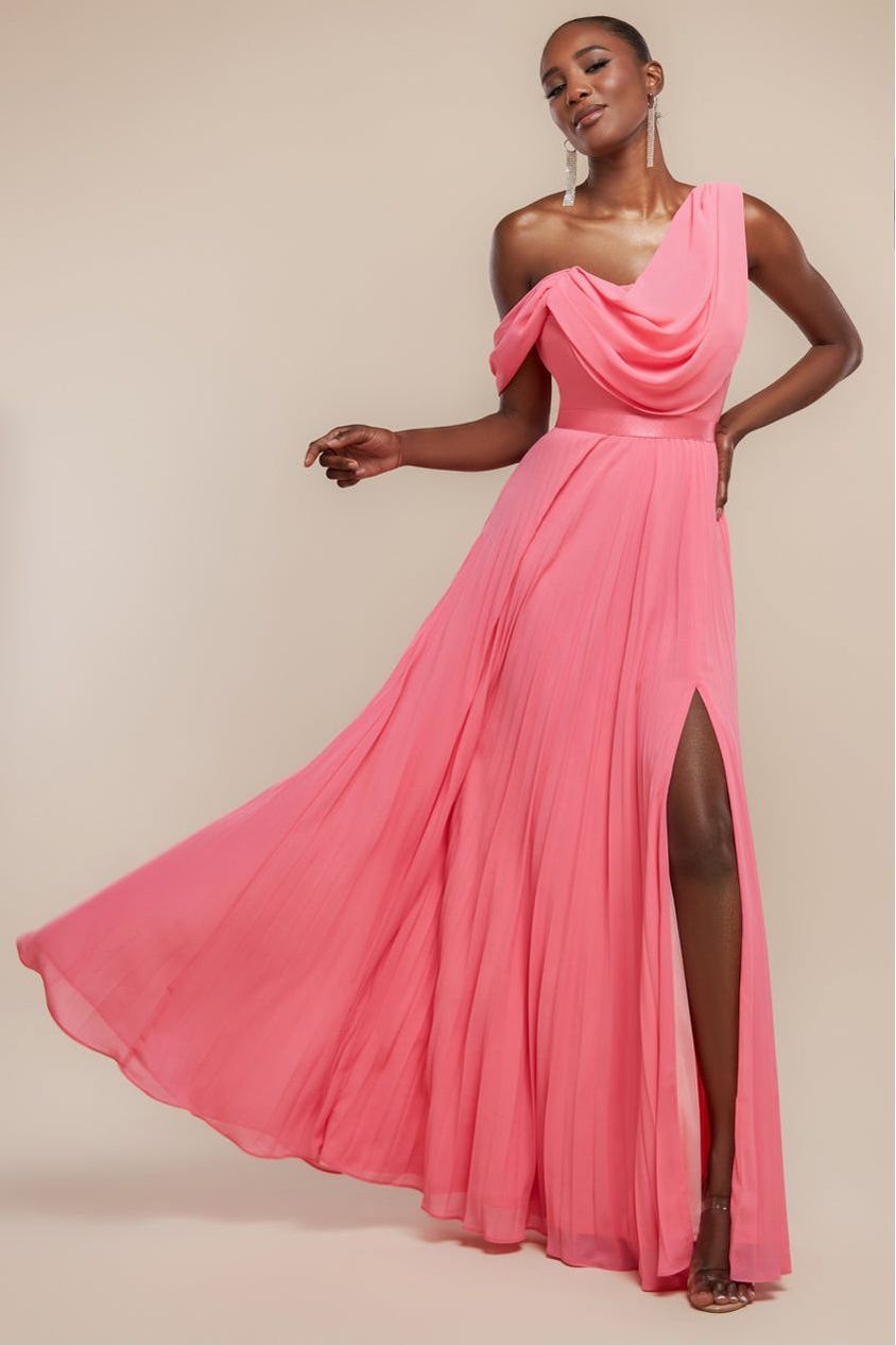 Goddiva Cowl Neck One Shoulder A Line Chiffon Maxi Dress - Cora