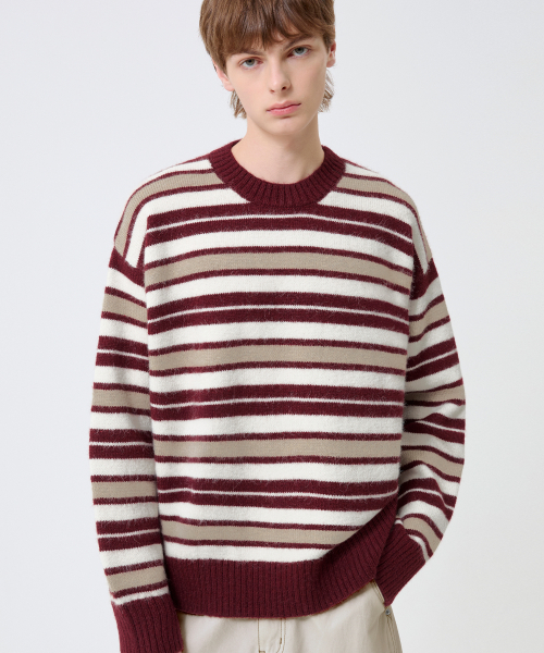 Washable Hairy Stripe Crewneck Knit_Red