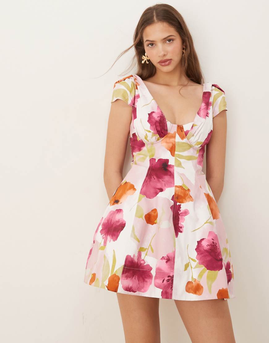 Structured bust seam detail cap sleeve mini dress in vibrant abstract print-Multi