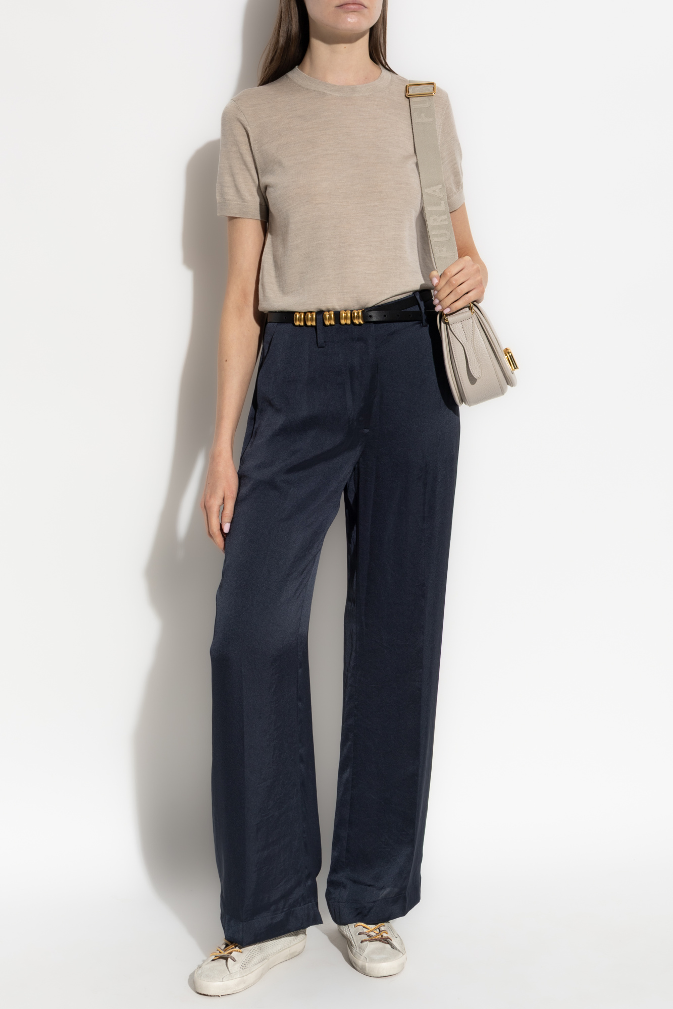 Trousers With A Satin Finish, Women's, Navy Blue