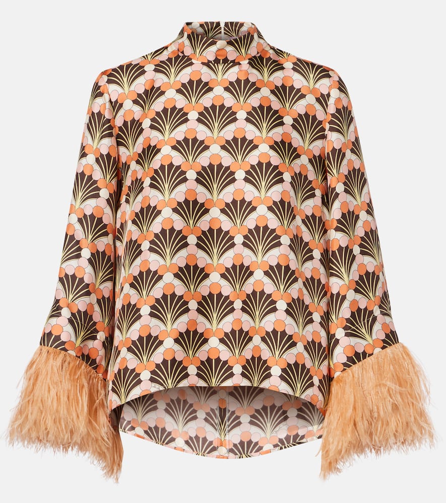 Make An Exit feather-trimmed silk twill top