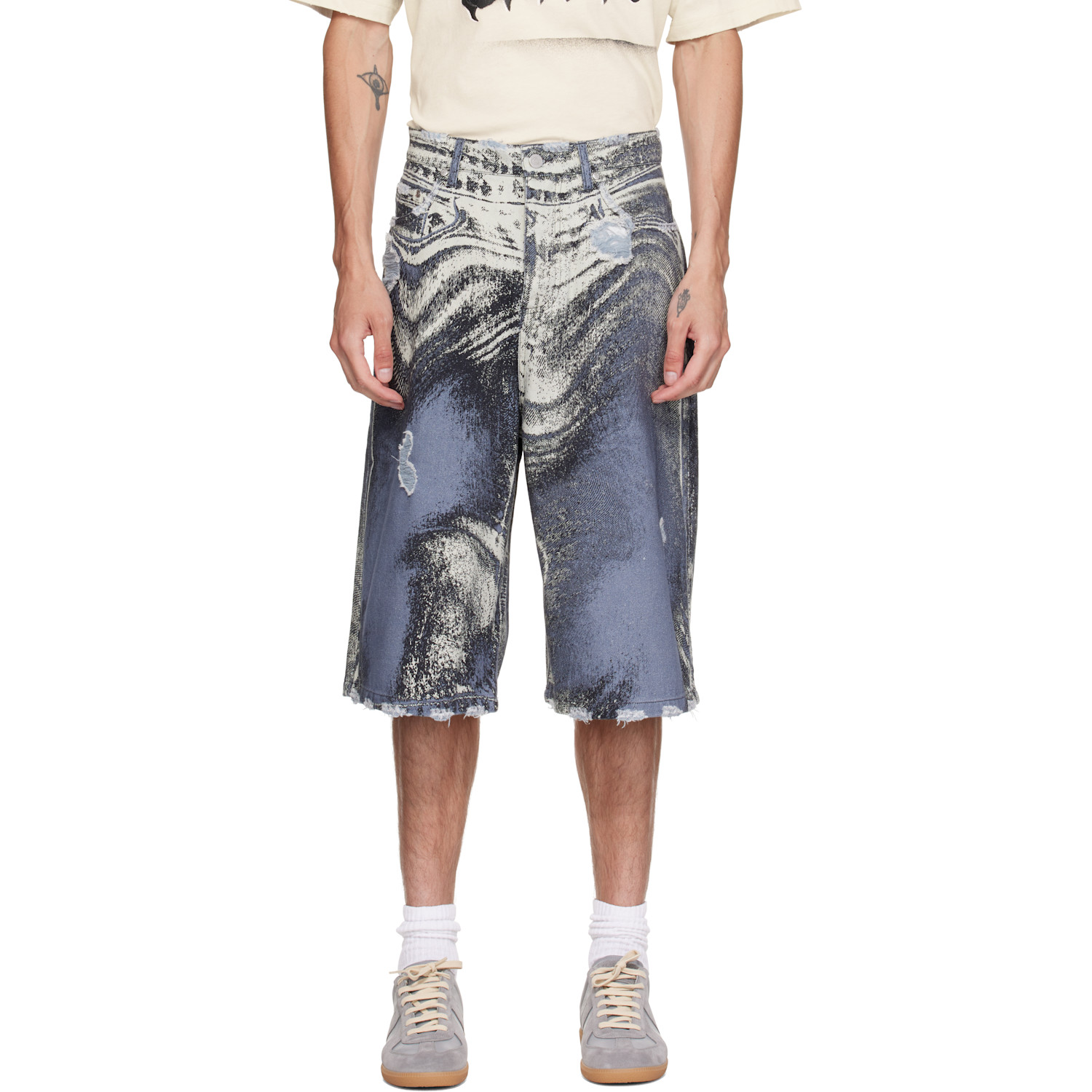 Blue Distorted Print Distressed Denim Shorts