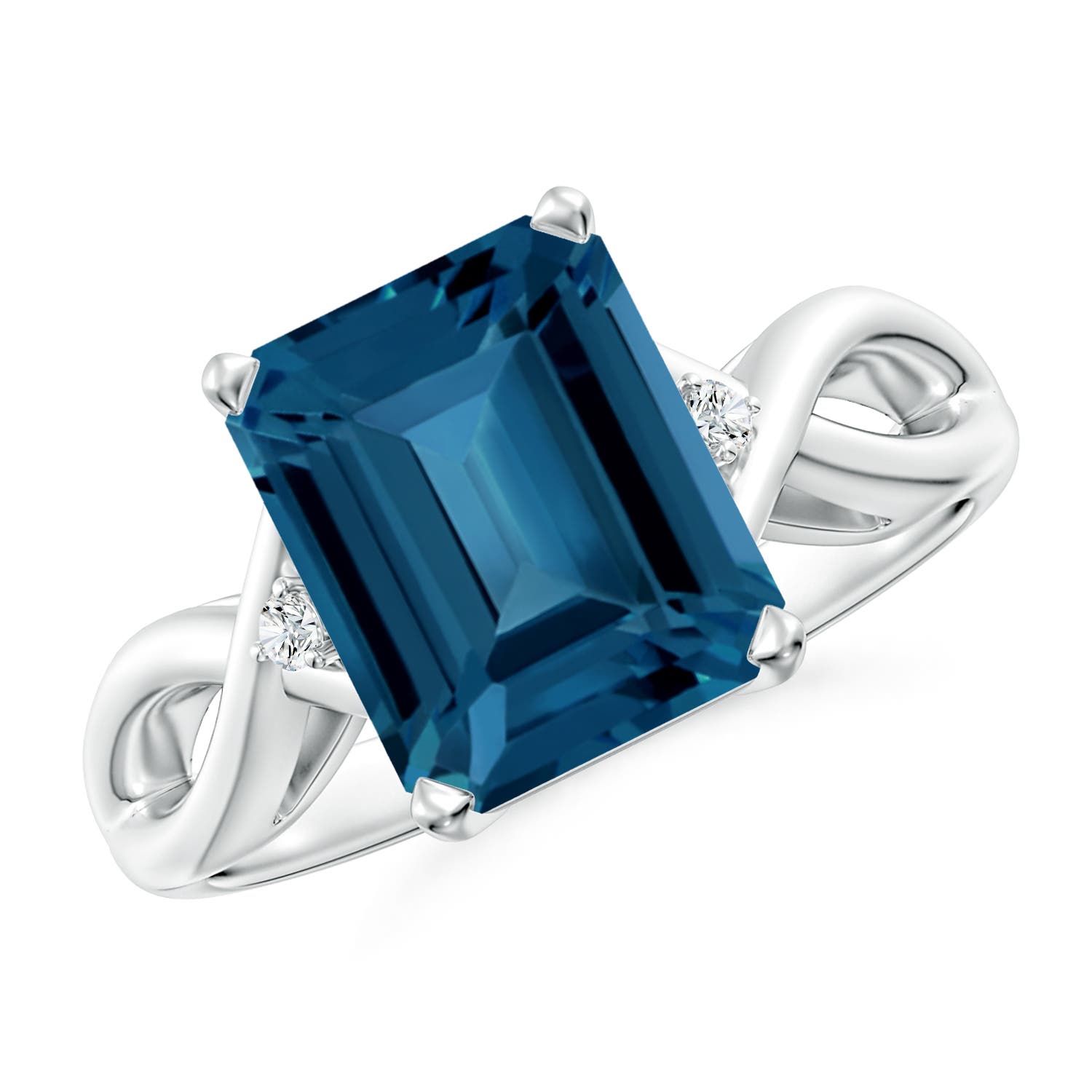 Angara 4.0 Carats Emerald Cut London Blue Topaz Twist Shank Statement Ring in Platinum