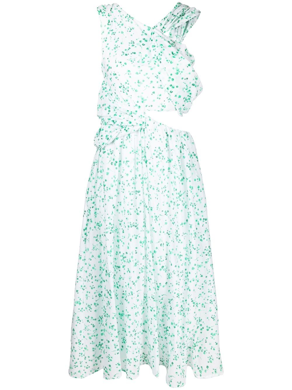 Floral print asymmetric shoulder dress - White